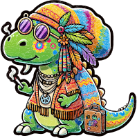 Colorful cartoon dinosaur wearing sunglasses, a feathered hat, and hippie clothing, holding a cigarette.