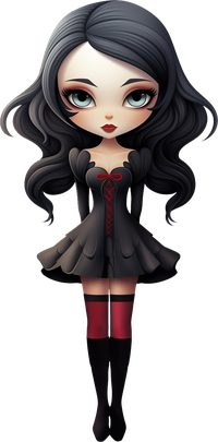 Cartoon girl with black hair and a black dress
