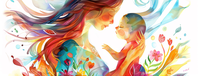 Watercolor painting of a mother and child with flowing hair and colorful splashes