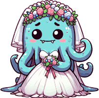 Cartoon octopus wearing a wedding dress and floral crown