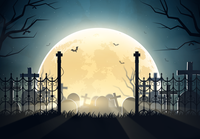 A spooky graveyard at night with a full moon and bats flying around