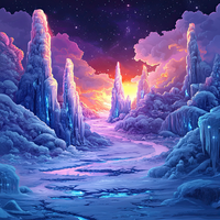 A digital artwork depicting a frozen landscape with tall icy structures and a colorful sunset in the background.