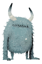 A blue, furry creature with two horns on its head, standing against a black background.