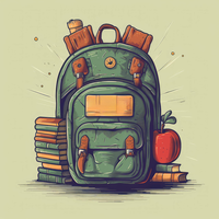 Illustration of a green backpack with books and an apple
