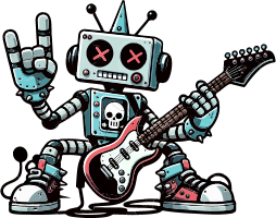 Cartoon robot holding an electric guitar with a skull on its chest