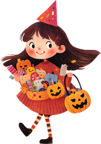 Cartoon girl in red dress and hat holding Halloween candy and pumpkins