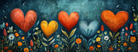 Four hearts in different colors surrounded by flowers and foliage against a night sky.