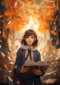 A young girl reading a book amidst floating pages and autumn leaves