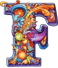 The letter E decorated with sea creatures and abstract shapes in vibrant colors.