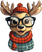 Cartoon reindeer with glasses and winter clothing