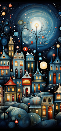 Illustration of a village at night with glowing windows and a large moon