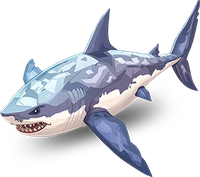 A cartoon-style shark with a blue and white body and sharp teeth.
