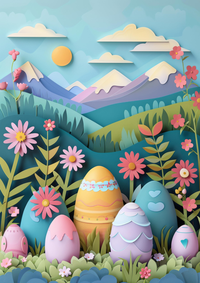 Colorful Easter eggs in a paper cut style landscape with flowers and mountains