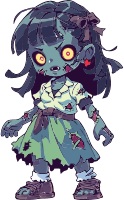 Cartoon zombie girl with green skin and torn clothes