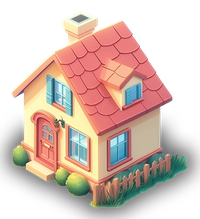 A cartoon house with a red roof and a small fence