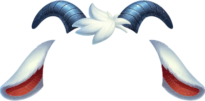 Digital illustration of blue horns with a white flower and white pointed ears with red interiors