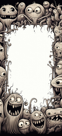 A black and white illustration of various cartoon monsters forming a frame around a white center.
