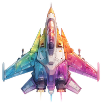 A stylized fighter jet with a rainbow gradient on a black background