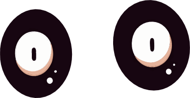Two cartoon eyes with wide, white irises and small pupils on a dark purple background