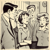 A group of office workers in a cartoon style, engaged in conversation