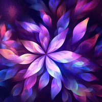 A colorful, symmetrical floral pattern with layered petals in shades of purple, pink, and blue.