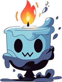 A cartoon candle with a smiling face is melting, with wax dripping down its sides and a flame burning at the top.