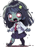 Cartoon zombie schoolgirl with wounds and menacing expression