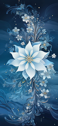 An elegant floral design with a large white flower and smaller flowers on a blue background.
