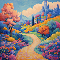 A stylized image of a winding path through a colorful landscape with trees and flowers.