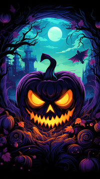 A menacing jack-o-lantern with glowing eyes in a dark forest