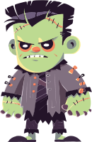 Cartoon Frankenstein's monster with green skin and black hair