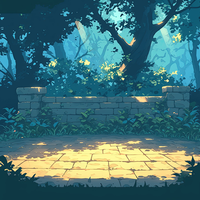 A tranquil forest scene with a stone pathway and wall surrounded by lush greenery and trees.
