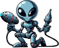 Illustration of a blue alien robot with guns