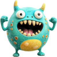 A cartoon monster with a large mouth and yellow horns.