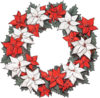 A circular wreath made of red and white poinsettia flowers with green leaves on a black background.