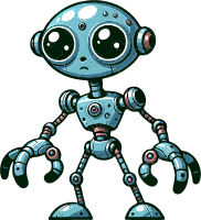 A cartoon robot with a blue body and large eyes on a black background