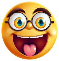 A yellow emoji face wearing glasses and sticking its tongue out, with a big smile.