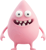Pink cartoon character with a wide smile and large eyes