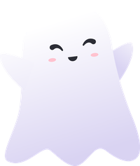 A white cartoon ghost with a smiling face and rosy cheeks on a black background.