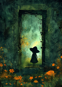 A young girl in a dress and hat stands before a doorway with a bright light emanating from it.