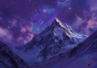 Snow-capped mountain peak under a starry night sky