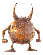 A rusty metal ball with two horns and limbs on a black background.