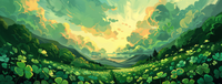 A digital painting of a green landscape with hills and clouds