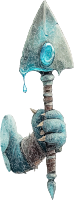 Hand holding a mystical axe with a glowing blue gemstone and dripping blue liquid