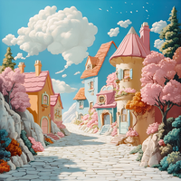 Illustration of a quaint village with pastel-colored houses and lush foliage