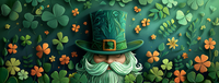 A bearded leprechaun peeking from behind shamrocks and flowers