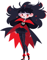 Cartoon vampire girl with flowing black hair and red eyes