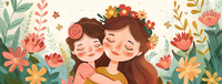 Illustration of a mother and daughter hugging, surrounded by colorful flowers