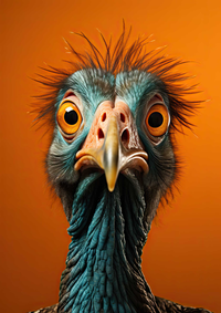 A bird with blue feathers and large orange eyes