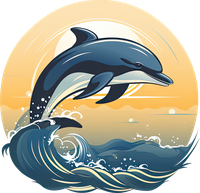 Illustration of a dolphin jumping out of the water with a sunset in the background
